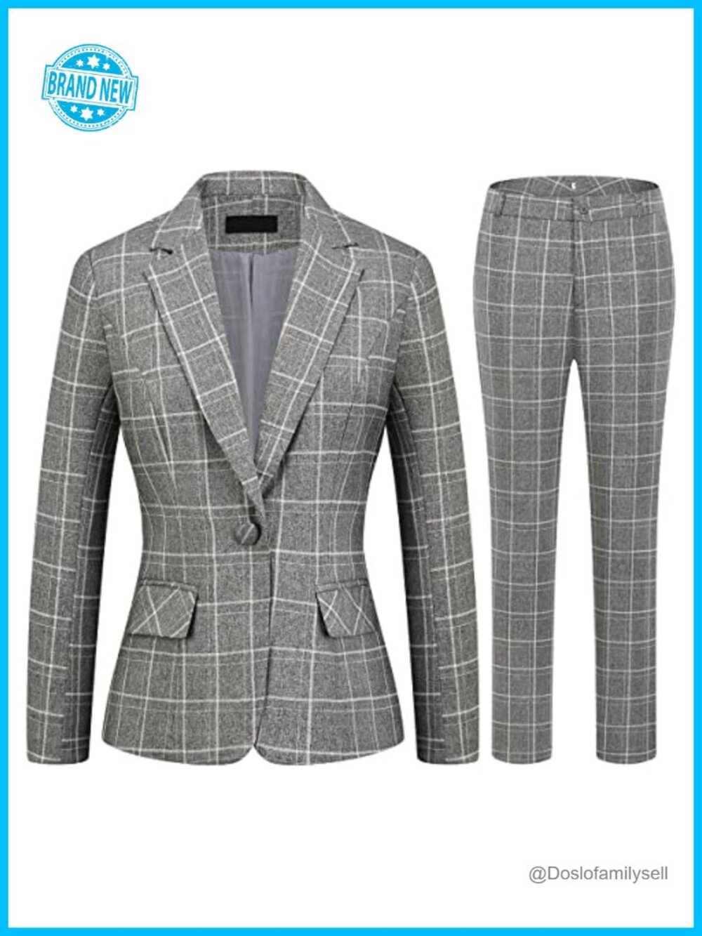 MODFUL 2-Piece Plaid Blazer Pants Suit Set Business Casual Polyester Viscose